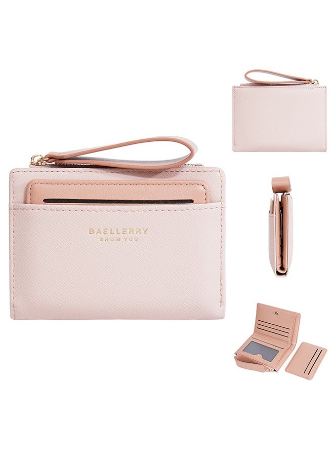 baellerry Thin Wallet for Womens, Wrist Strap Bifold Magnetic Buckle Purse with Withdrawable Card Holder Organizer, 2-in-1 Ladies Mini Card Wallet with Zipper (Pink) - Image 1