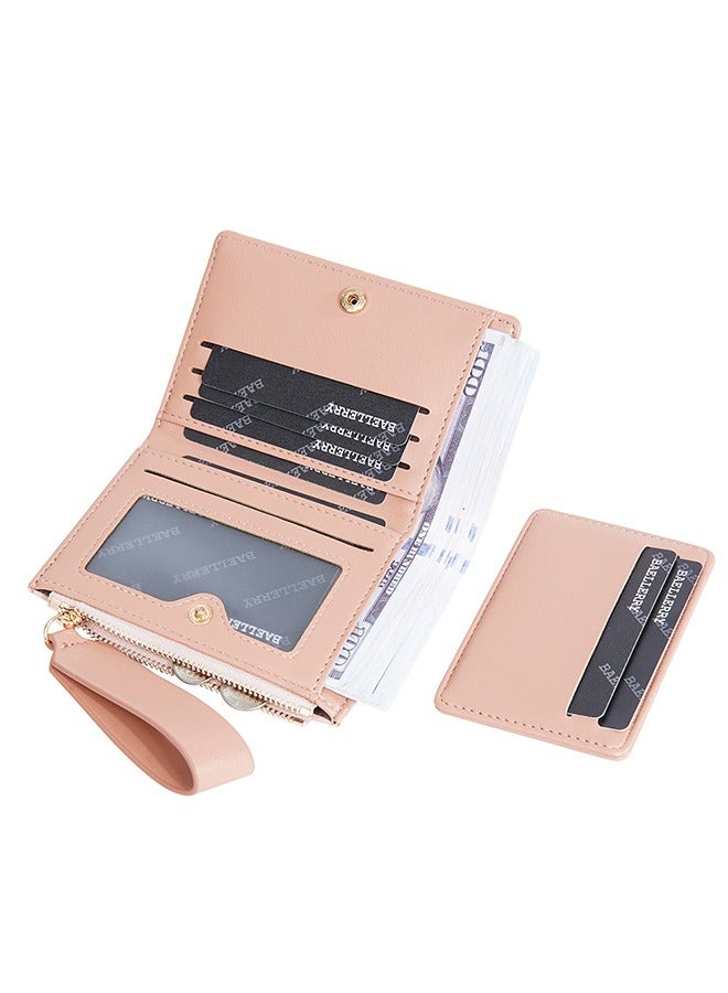baellerry Thin Wallet for Womens, Wrist Strap Bifold Magnetic Buckle Purse with Withdrawable Card Holder Organizer, 2-in-1 Ladies Mini Card Wallet with Zipper (Pink) - Image 2