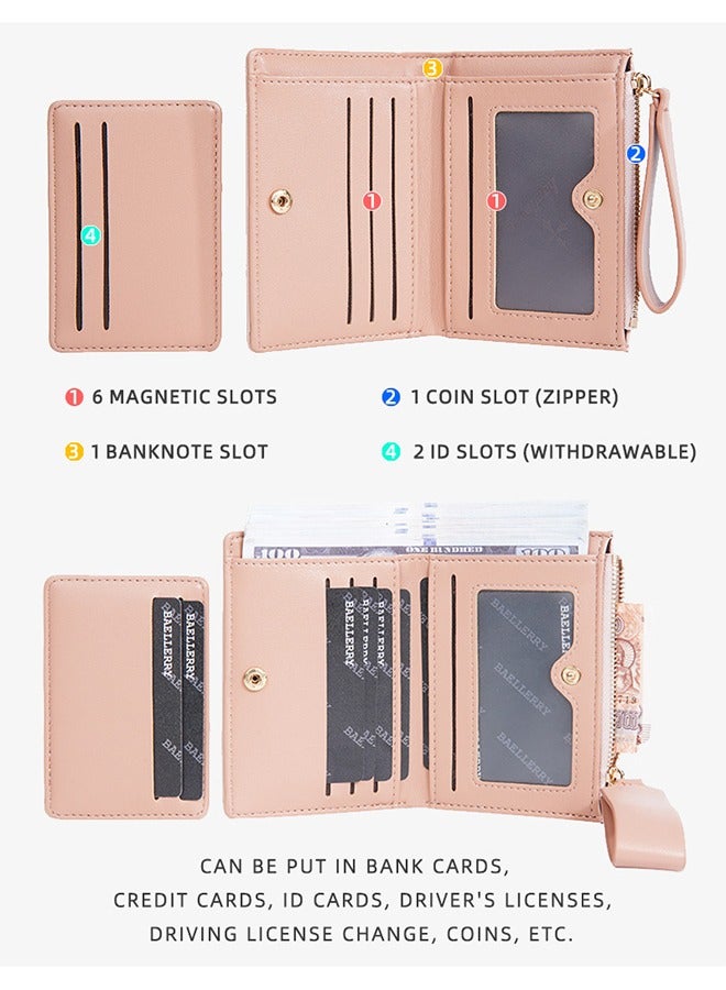 baellerry Thin Wallet for Womens, Wrist Strap Bifold Magnetic Buckle Purse with Withdrawable Card Holder Organizer, 2-in-1 Ladies Mini Card Wallet with Zipper (Pink) - Image 3