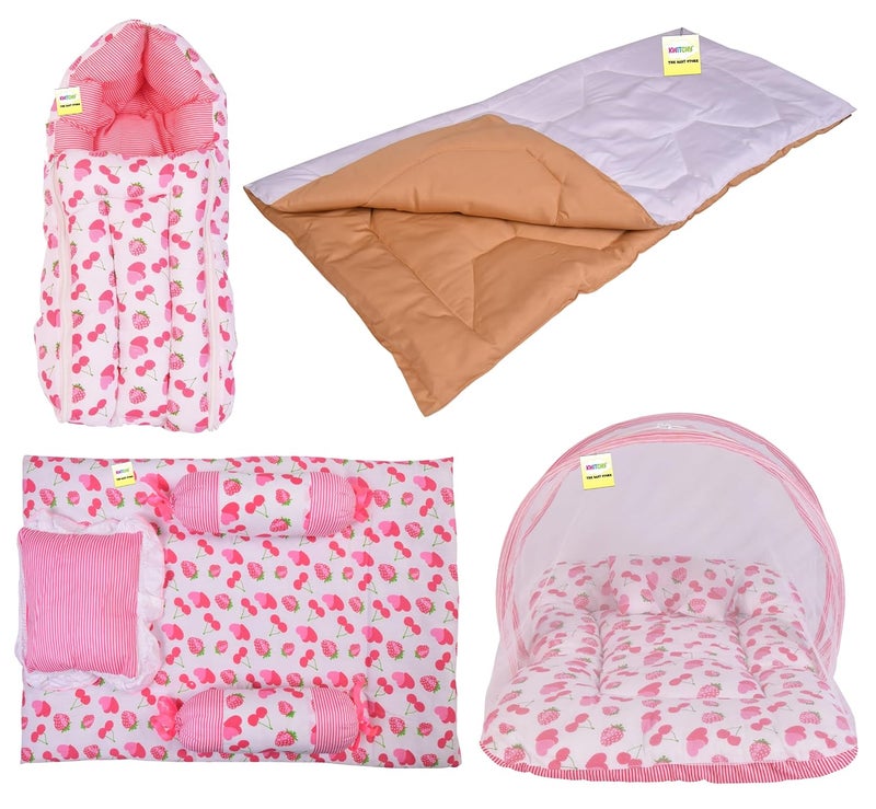 Kwitchy مجموعة سرير حديثي الولادة كويتشي مكونة من مرتبة أطفال مع حقيبة نوم شبكية مجموعة مريحة 06 أشهر وردي 4 قطع - Image 1