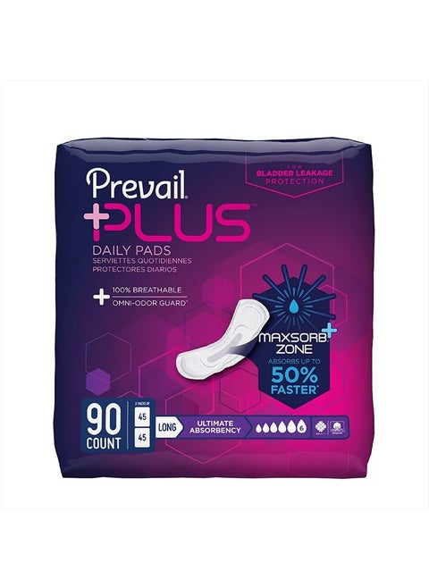 Plus | Long Length Incontinence Bladder Control Pads | Ultimate Absorbency | 90 Count (2 packs or 45)