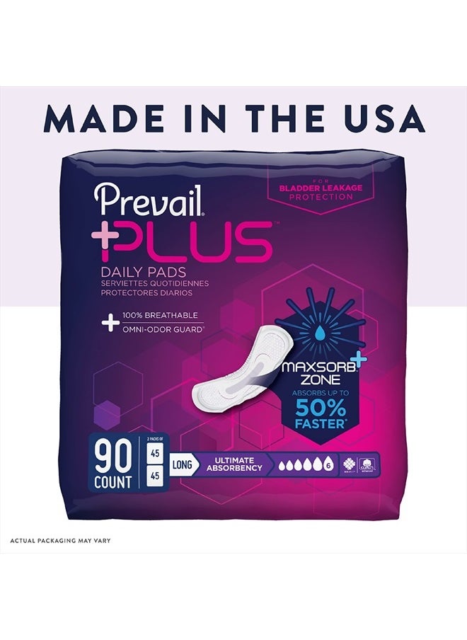 Plus | Long Length Incontinence Bladder Control Pads | Ultimate Absorbency | 90 Count (2 packs or 45)