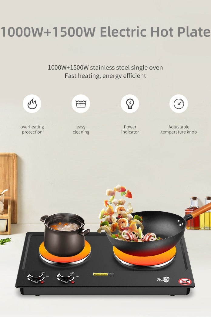 ستارلوكس موقد كهربائي مزدوج الرأس مع مؤشر ضوئي للطاقة، لوح تسخين محمول عالي الطاقة للطهي الداخلي والقلي والمعدن الصحي - Image 2