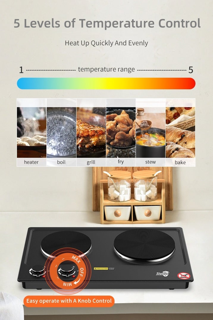 ستارلوكس موقد كهربائي مزدوج الرأس مع مؤشر ضوئي للطاقة، لوح تسخين محمول عالي الطاقة للطهي الداخلي والقلي والمعدن الصحي - Image 3
