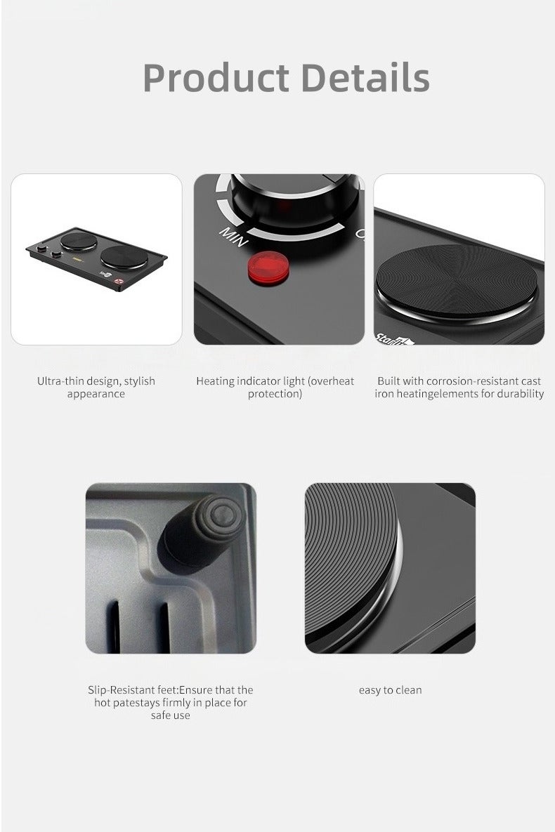ستارلوكس موقد كهربائي مزدوج الرأس مع مؤشر ضوئي للطاقة، لوح تسخين محمول عالي الطاقة للطهي الداخلي والقلي والمعدن الصحي - Image 5