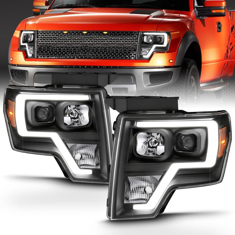AmeriLite for 20092014 Ford F150 Truck LED Bar Square Projector Halogen Black Headlights Set HighLow Beam Bulb Included  Driver and Passenger Side