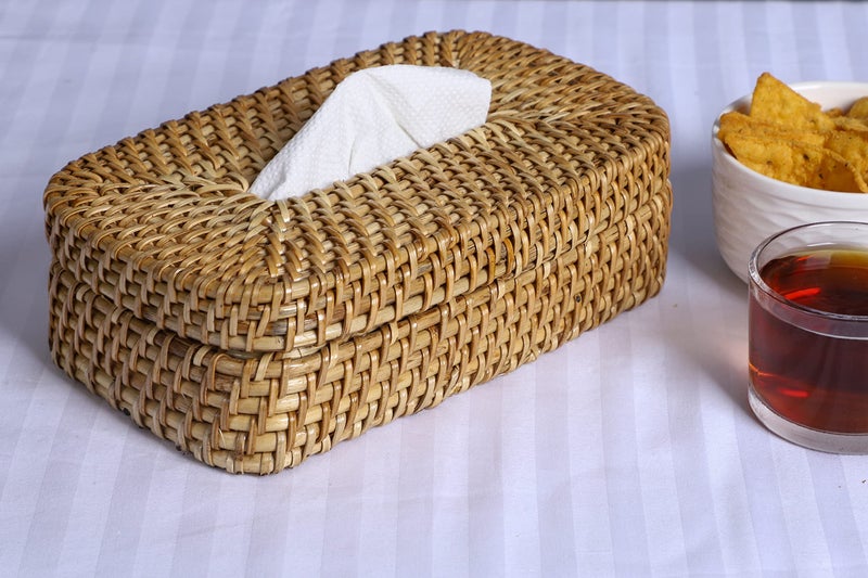 AKWAY Wicker Tissue Box Bamboo Tissue Holder, Rattan Paper Napkin Holder, Wooden Cover Plastic Tissue Dispenser for Home, Bathroom, Bedroom, Office, Restaurant and Car Decoration- Rectangle Shape - Image 1