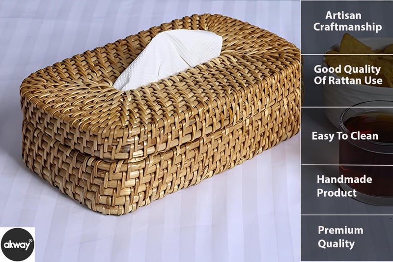 AKWAY Wicker Tissue Box Bamboo Tissue Holder, Rattan Paper Napkin Holder, Wooden Cover Plastic Tissue Dispenser for Home, Bathroom, Bedroom, Office, Restaurant and Car Decoration- Rectangle Shape - Image 3