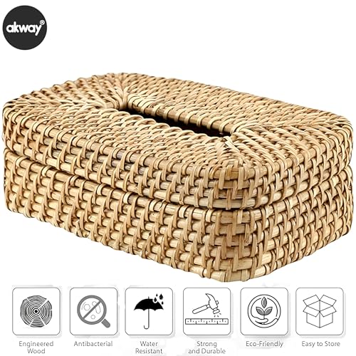 AKWAY Wicker Tissue Box Bamboo Tissue Holder, Rattan Paper Napkin Holder, Wooden Cover Plastic Tissue Dispenser for Home, Bathroom, Bedroom, Office, Restaurant and Car Decoration- Rectangle Shape - Image 4