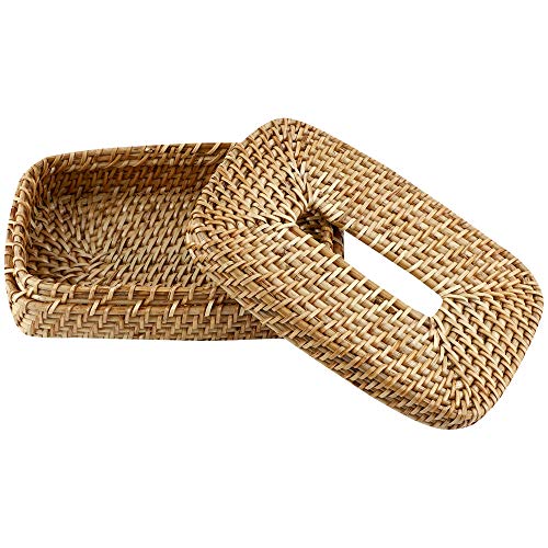 AKWAY Wicker Tissue Box Bamboo Tissue Holder, Rattan Paper Napkin Holder, Wooden Cover Plastic Tissue Dispenser for Home, Bathroom, Bedroom, Office, Restaurant and Car Decoration- Rectangle Shape - Image 2