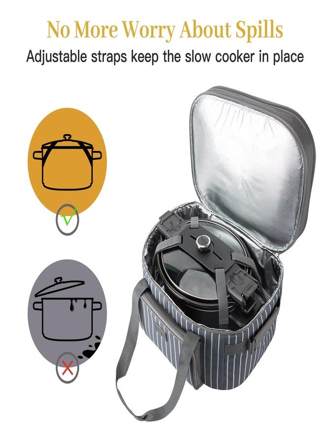 FE FUN ELEMENTS حقيبة حمل مزدوجة الطبقات من فن إيليمنتس لحمل أواني الطهي البطيء البيضاوية سعة 6-8 كوارت، حقيبة سفر معزولة لأواني الطهي البطيء مزودة بوسادة دعم وأحزمة قابلة للتعديل، وجيب علوي بسحاب وجيب أمامي للأدوات. - Image 4