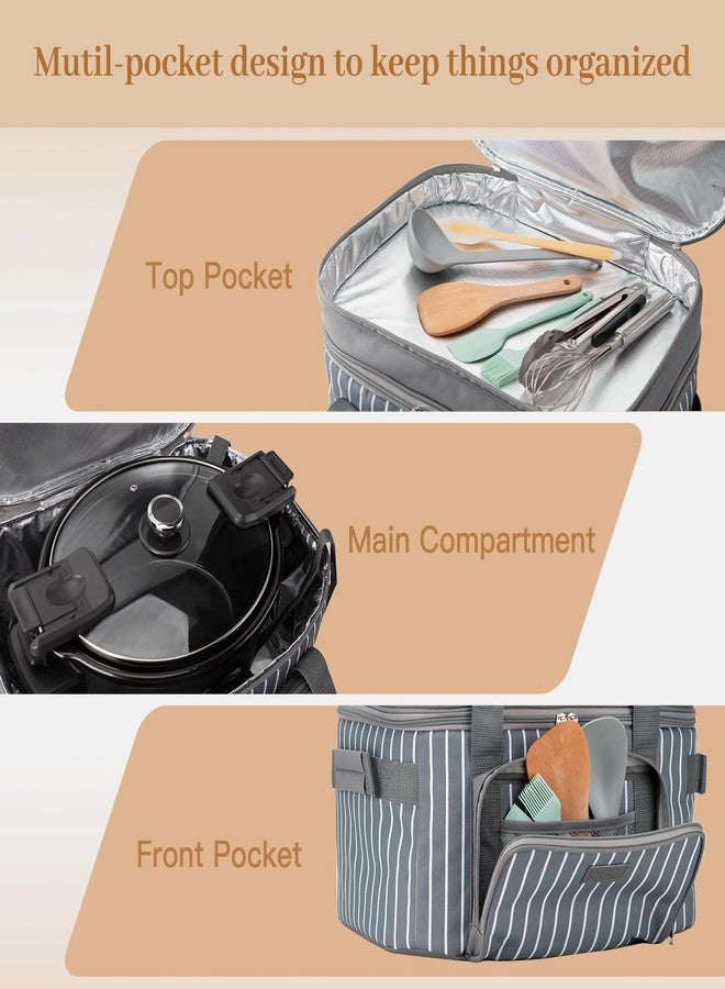 FE FUN ELEMENTS حقيبة حمل مزدوجة الطبقات من فن إيليمنتس لحمل أواني الطهي البطيء البيضاوية سعة 6-8 كوارت، حقيبة سفر معزولة لأواني الطهي البطيء مزودة بوسادة دعم وأحزمة قابلة للتعديل، وجيب علوي بسحاب وجيب أمامي للأدوات. - Image 5