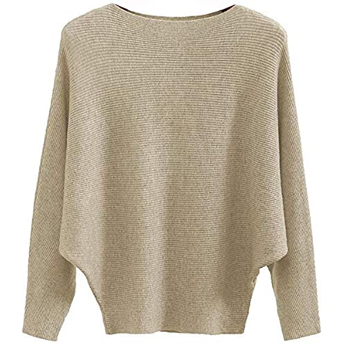 Ckikiou Womens Lightweight Oversized Boat Neck Sweaters Tops Dolman Batwing Sleeve Ribbed Knitted Pullovers Khaki - Image 5