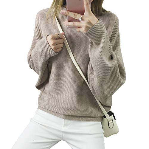 Ckikiou Womens Lightweight Oversized Boat Neck Sweaters Tops Dolman Batwing Sleeve Ribbed Knitted Pullovers Khaki - Image 2