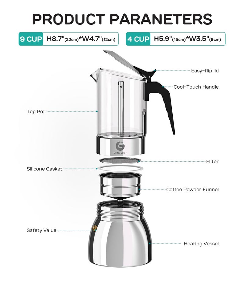 Coffee Gator 9 Cup Moka Pot, 15oz Stovetop Espresso Maker for Italian Coffee, Transparent Glass & Stainless Steel Design, Silver, 450ml - Image 3
