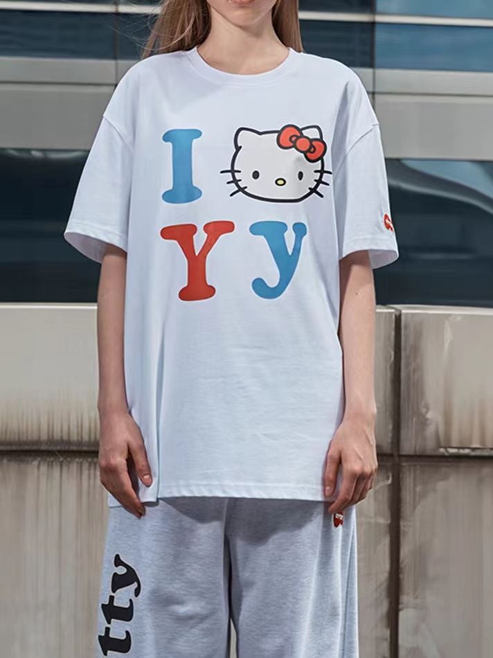 Trendy Brand Openyy Cute Kitty Cat Printed Loose Short-Sleeved T-Shirt Korean Casual Letter Printed Short-Sleeved Top - Image 5