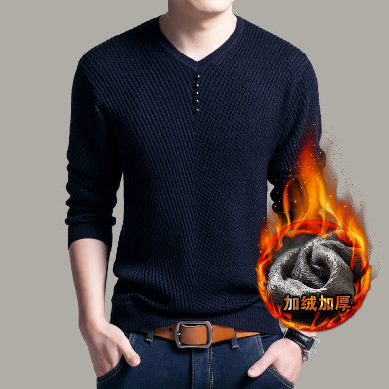 Casual V-Neck Mens Thickened Fleece Sweater Navy Blue Velvet