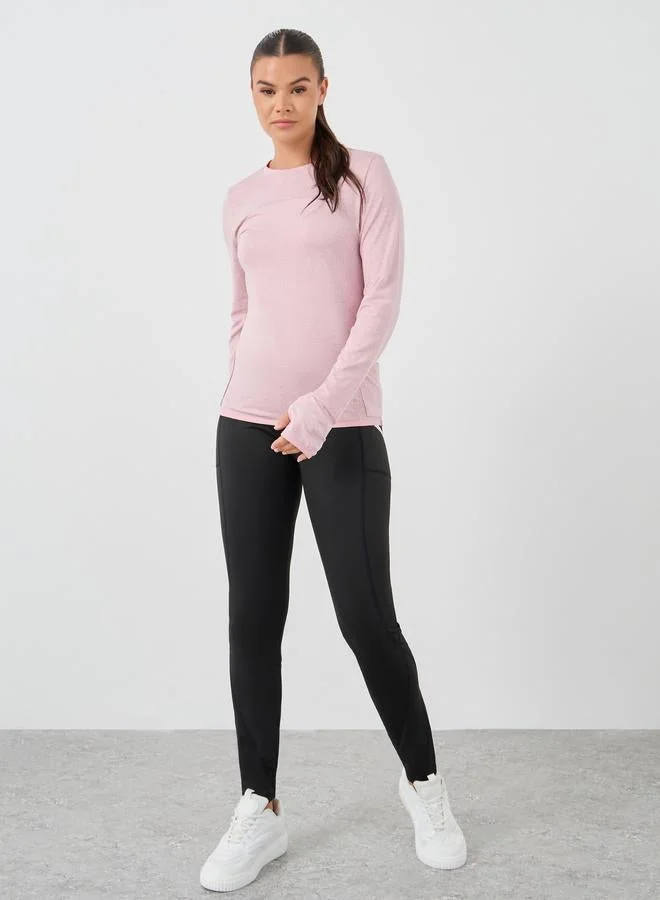 Styli Active Melange Round Neck Top with Thumbhole Detail