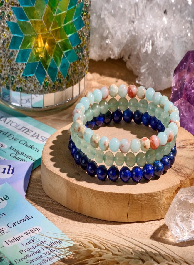 Bivei 3-Piece 6mm Beaded Bracelets for Women - Lizardite, Green Aventurine, Lapis Lazuli - Handmade Natural Crystal Stretch Elastic Jewelry for Meditation, Yoga, Protection Gifts - Image 3