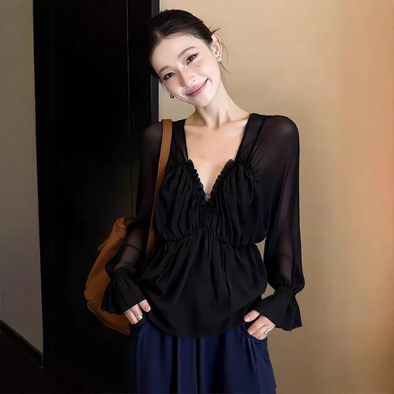 Women's V-Neck Flared Sleeve Chiffon Shirt - Image 3