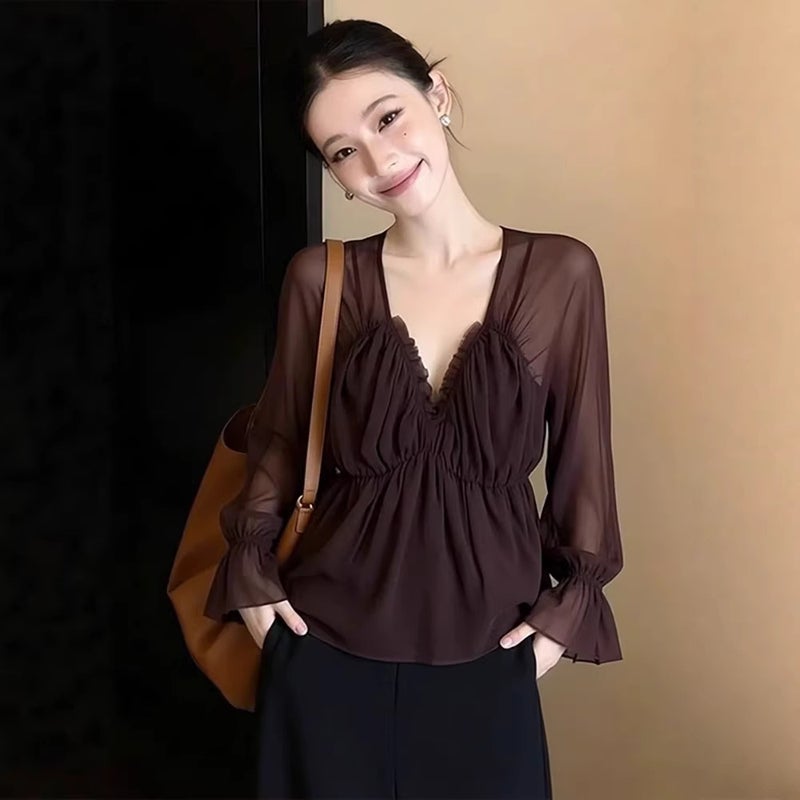 Women's V-Neck Flared Sleeve Chiffon Shirt - Image 1