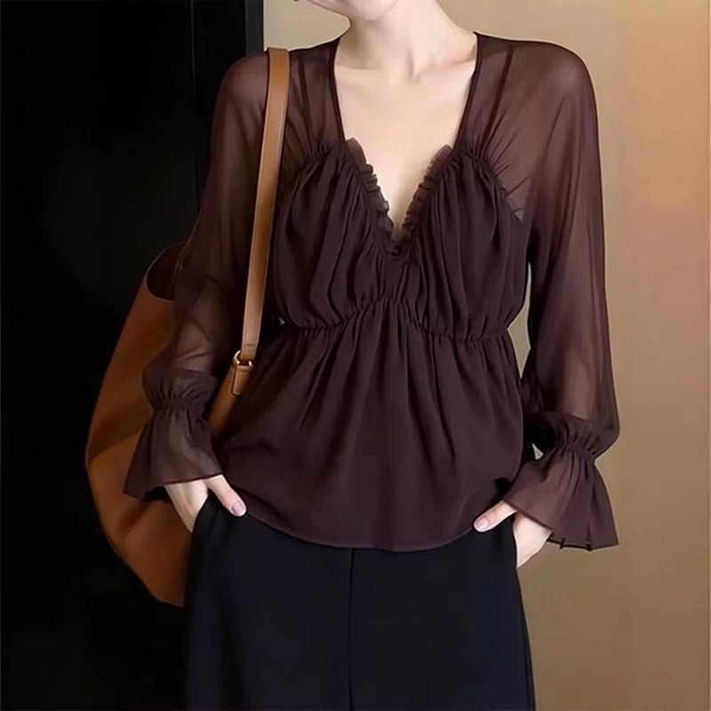 Women's V-Neck Flared Sleeve Chiffon Shirt - Image 4