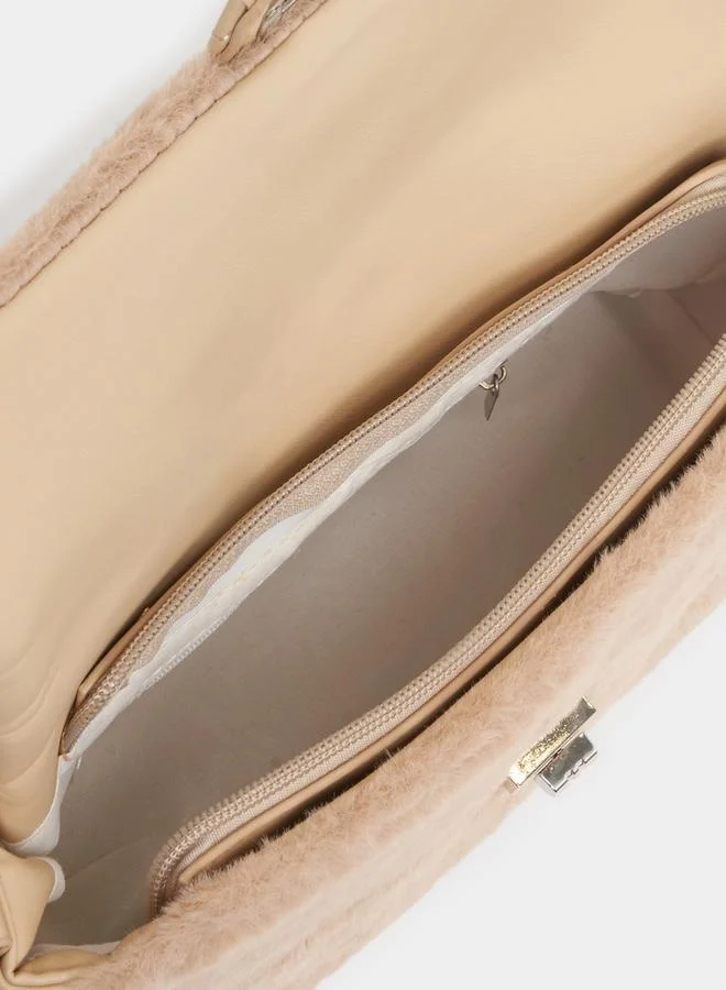 Styli Twist Lock Faux Fur Crossbody Bag