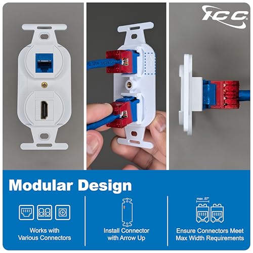 ICC 2-Port Electrical Insert, Duplex-Style Wall Plate Insert for Keystone Jacks, Slim and Wide Jack Compatible, White (IC107DPIWH) - Image 3