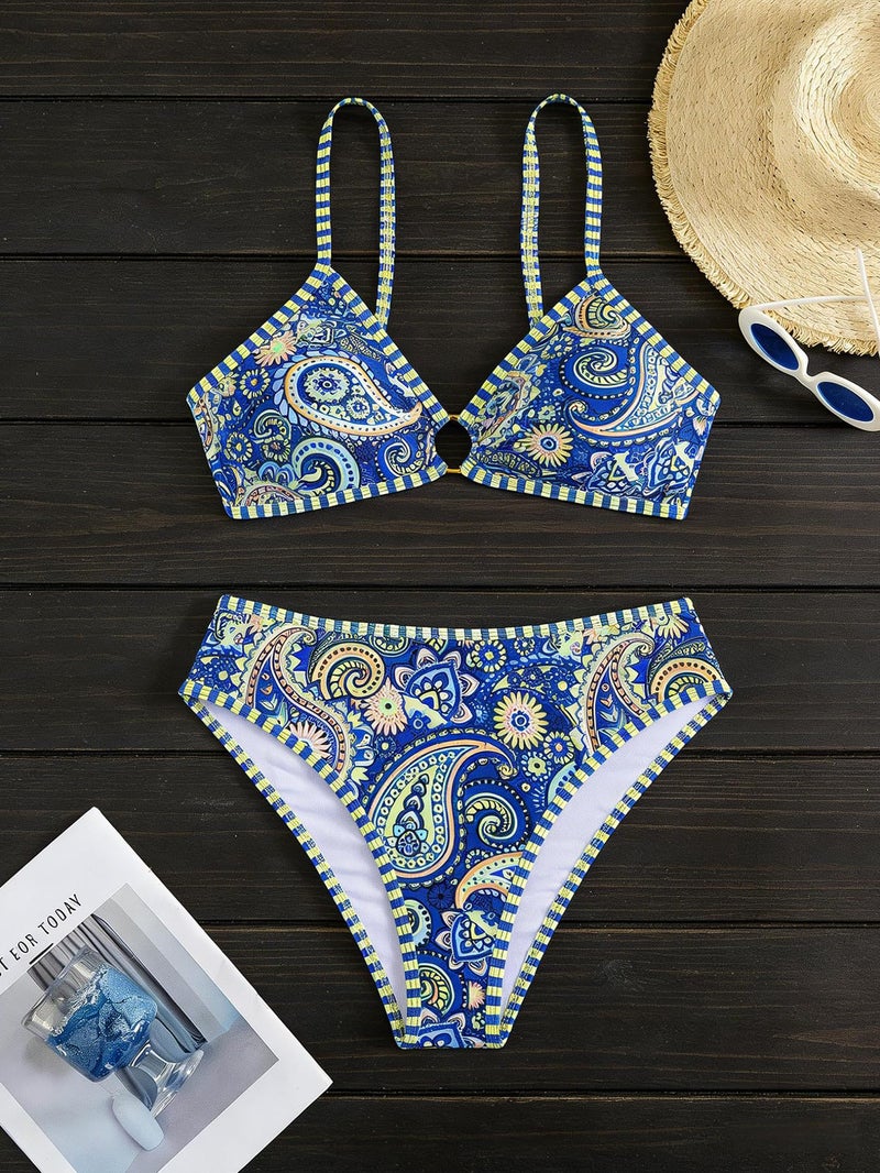 Tainehs Women's Two Piece Bikini Sets O Ring Front Top Ditsy Floral Triangle Swimsuits Cheeky Bathing Suit - Image 4