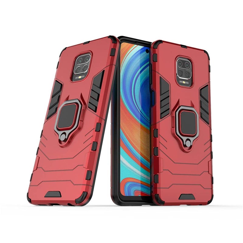 MaiJin غطاء MaiJin متوافق مع Xiaomi Mi Redmi Note 9S وRedmi Note9 Pro وRedmi Note 9 Pro Max مع حلقة معدنية وقبضة وحامل مائل وحافة تعمل مع حامل السيارة المغناطيسي غلاف مزدوج الطبقات متين باللون الأحمر