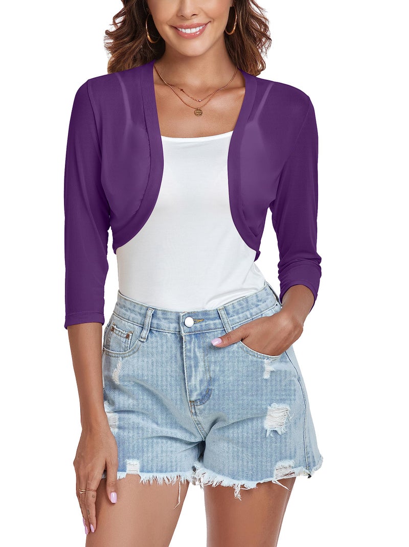 Tandisk Women's 3/4 Sleeve Shrug Open Front Cardigan Bolero Jacket Purple S - Image 1
