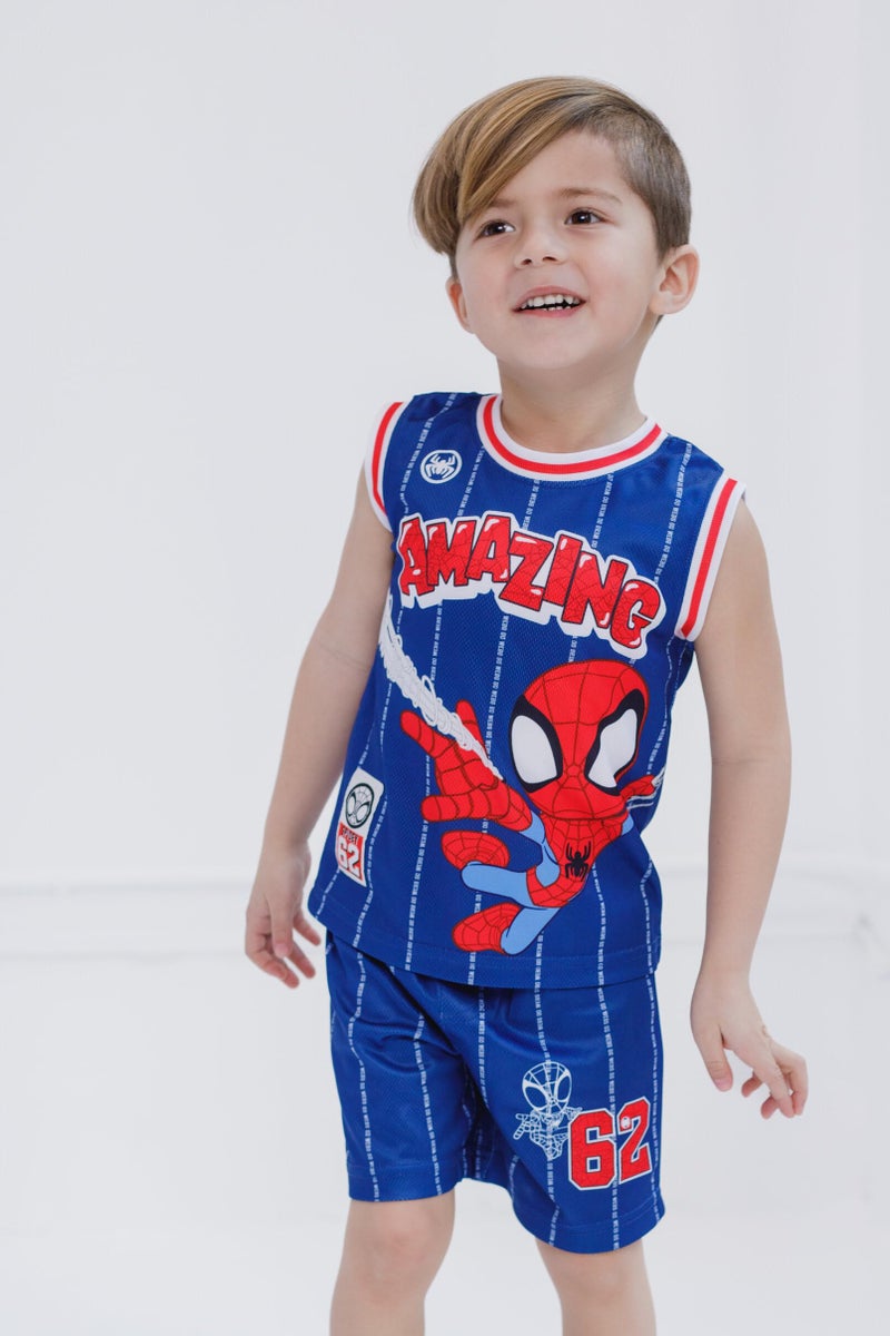Marvel Spidey and His Amazing Friends Spider-Man Toddler Boys Mesh Jersey Tank Top & Basketball Shorts Outfit Set Blue 3T - Image 3