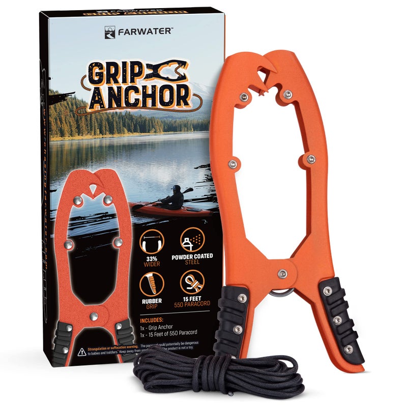 FARWATER Canoe Anchor Grip - Boat, Float Tube & Kayak Fishing Accessories, Kayaking Equipment - Brush Clamp Anchor with Teeth - Gripper with 15ft Paracord - Rubber Grips - Coated Steel - Matte Orange - Image 1