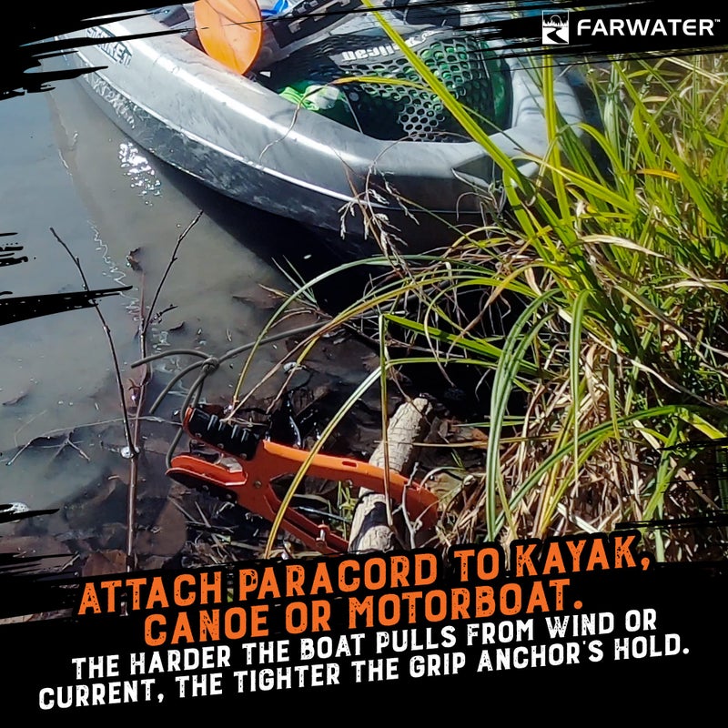 FARWATER Canoe Anchor Grip - Boat, Float Tube & Kayak Fishing Accessories, Kayaking Equipment - Brush Clamp Anchor with Teeth - Gripper with 15ft Paracord - Rubber Grips - Coated Steel - Matte Orange - Image 5