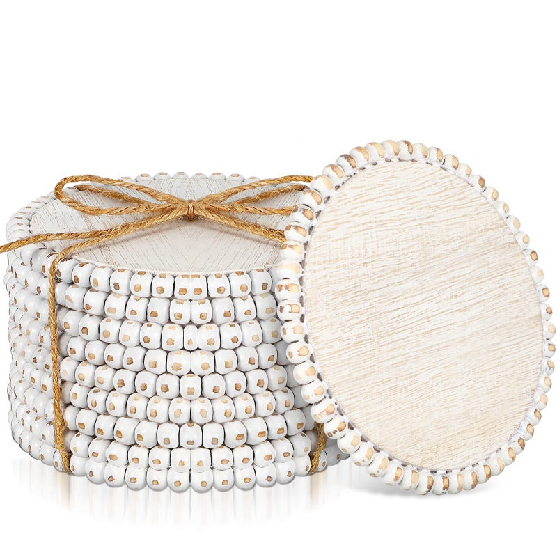 Meanplan 10 Pieces Beaded Wood Coasters Bulk Farmhouse Coasters for Drinks Coffee Table 47 Inch Round Farmhouse Beaded Rustic Decorative White Bar Mats for Home Kitchen Decor