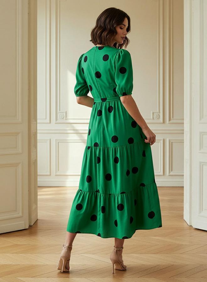 Splash FAV Polka Dot Print Midi Tiered Dress with Short Sleeves and Tie-Up Detail - Image 3