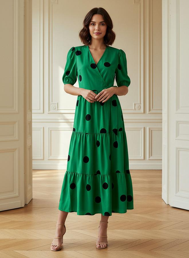 Splash FAV Polka Dot Print Midi Tiered Dress with Short Sleeves and Tie-Up Detail - Image 1