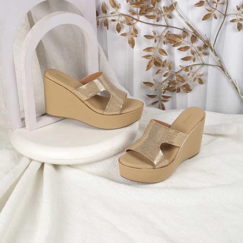 Mochi Women Beige High Wedge Heel Fashion Slip-on Sandal UK/7 EU/40 (34-53) - Image 2