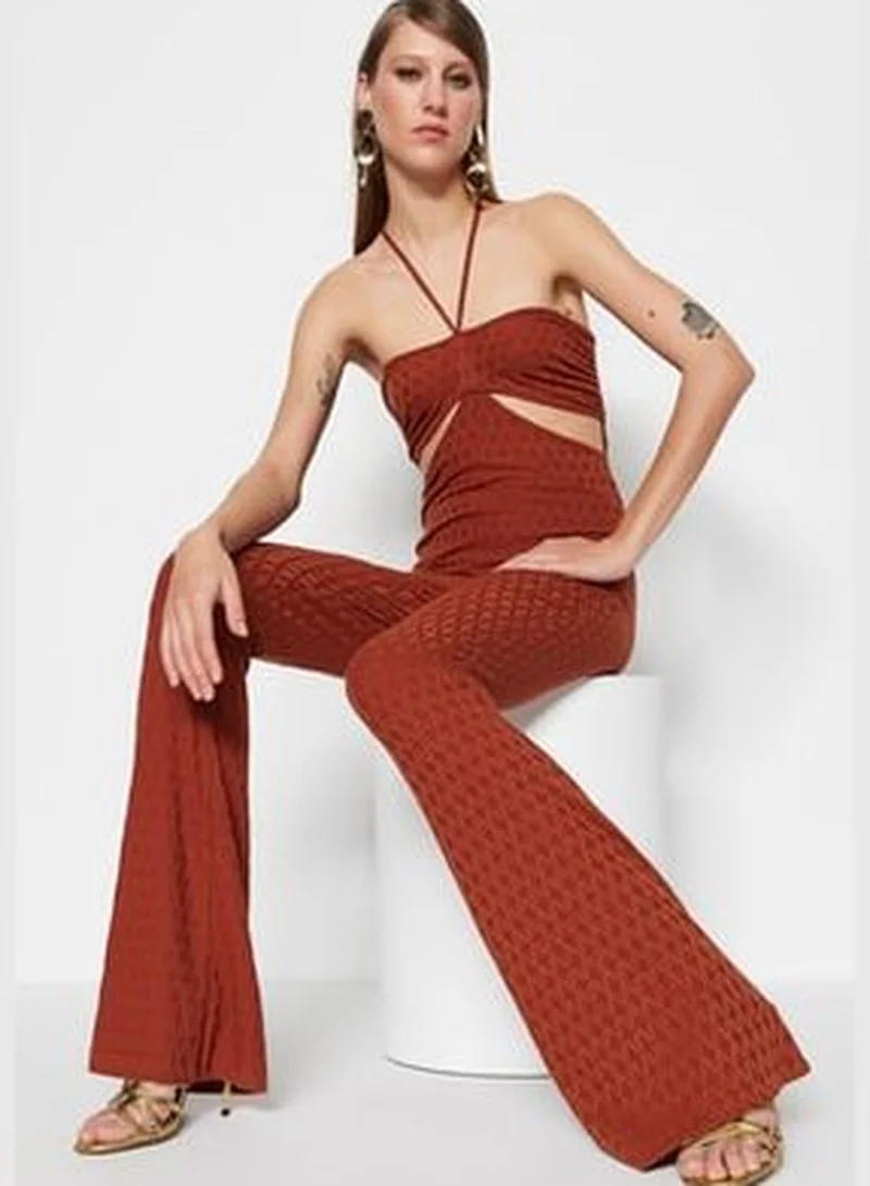 trendyol Cinnamon Knitted Overalls with Window/Cut Out Detailed, Textured and Patterned TPRSS23TU00034