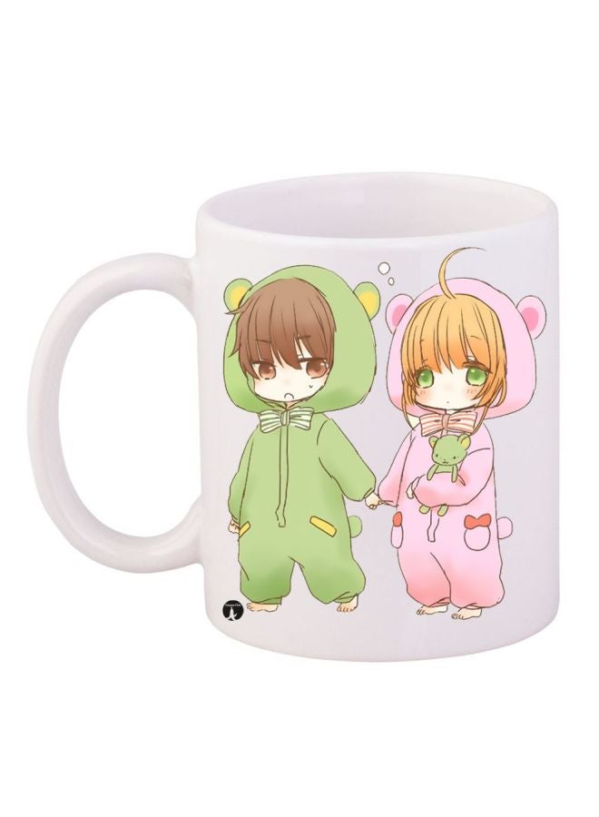 RYN Cartoon Couple Printed Ceramic Coffee Mug White/Pink/Green 11ounce