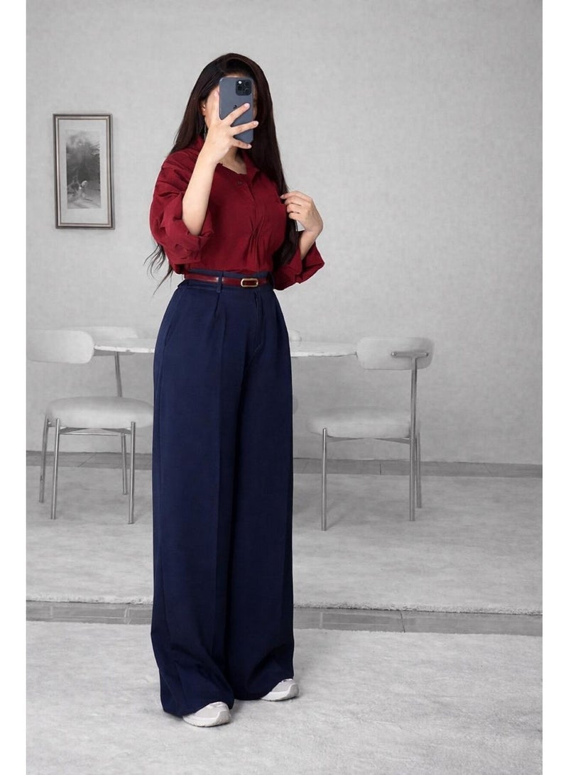 wide leg women pants - navy blue color