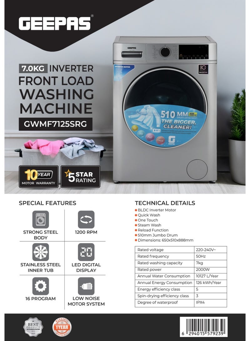 GEEPAS 7 KG Front Load Inverter Fully Automatic Washing Machine | 1200 RPM, Equipped with 16 Programs including Quick Wash, One Touch, Steam Wash, Reload Function, etc.|  LED Display, 510mm Jumbo Drum | GWMF7125SRG Metallic Grey 7 kg 2000 W GWMF7125SRG Metallic Grey - Image 3