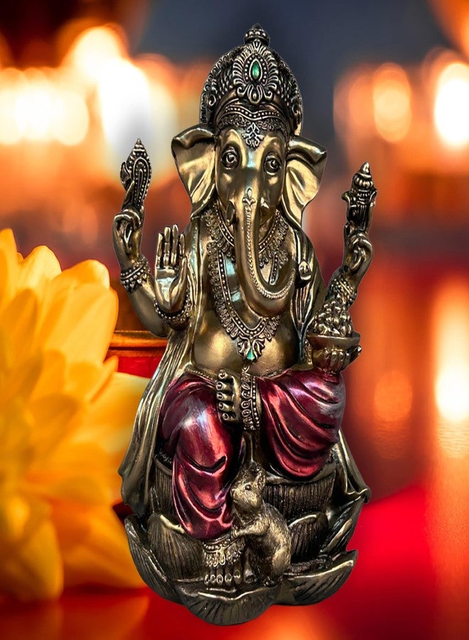 JORAE Ganesh Statue Elephant Buddha Sitting on Lotus Pedestal Lord Blessing Home Decor Hindu God Collectible Antique Bronze Finish Meditation Figurine, 7.2 in, Polyresin - Image 3