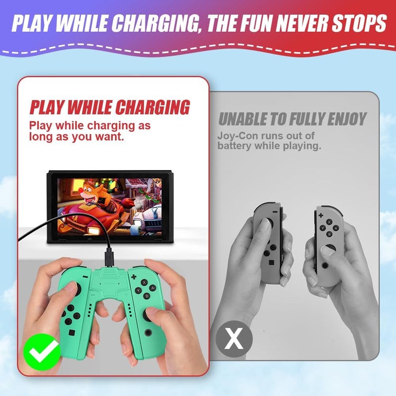 OFFCUP Charger Compatible with Joy Con for Nintendo Switch and OLED Model, Charging Grip Handle, Comfort V-Shaped Game Controller with LED Indicator, USB Type-C, Green - Image 5