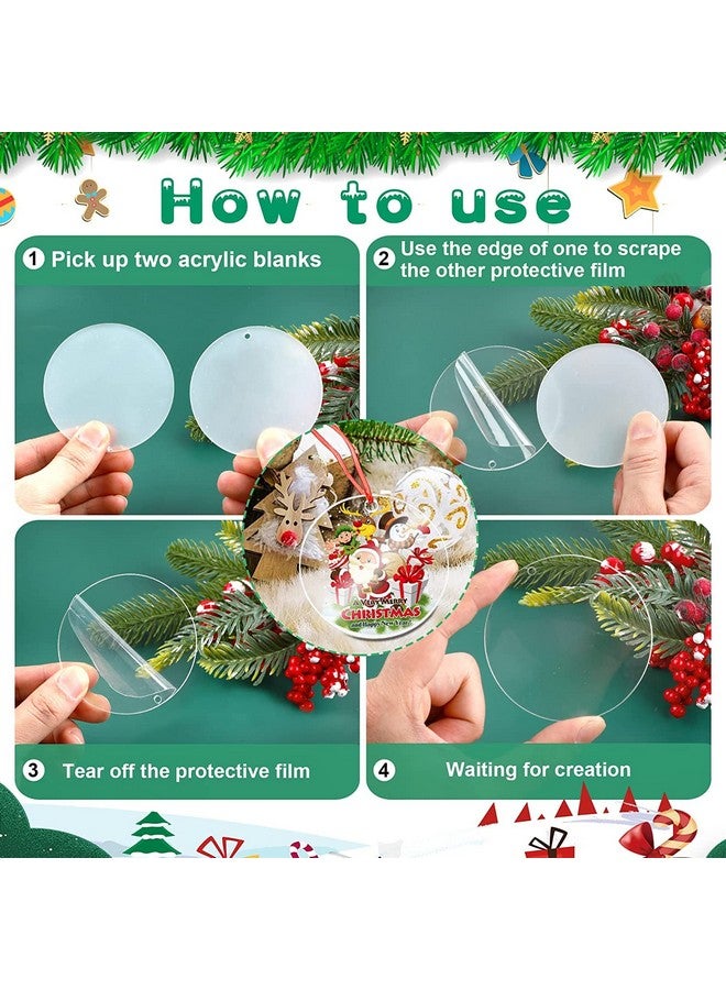 SANNIX 60Pcs Christmas Acrylic Keychain Blanks With 70Pcs Colorful Ribbons, 3 Inch Acrylic Clear Circle Disc Rounds Ornaments Blanks For Diy Xmas Holiday Present Wrap And Crafting - Image 4