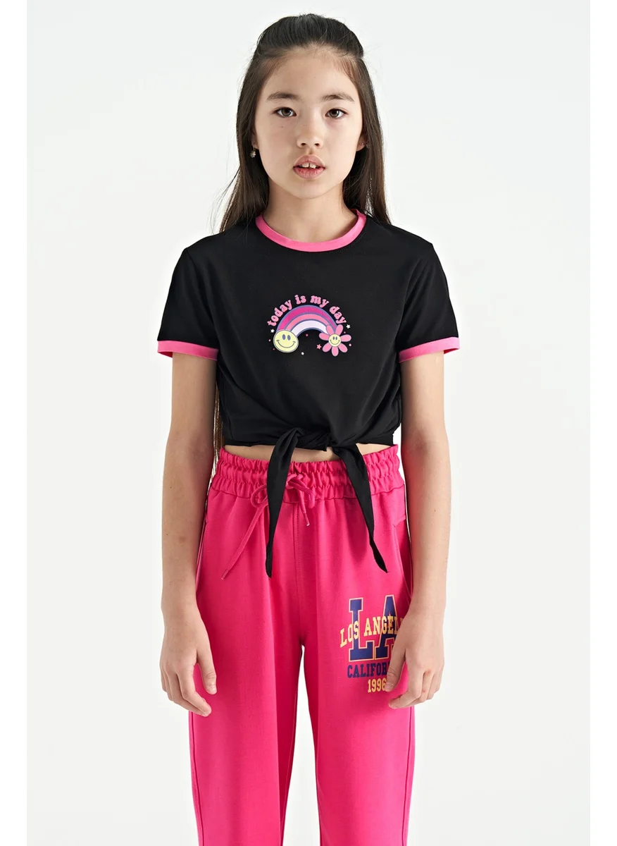 Tommy Life Black Print Detailed O Neck Multicolored Tie Detailed Girls T-Shirt - 75113