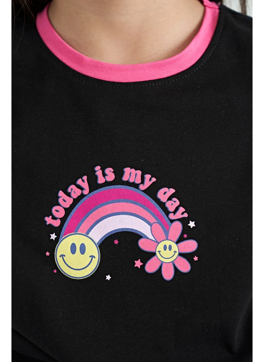 Tommy Life Black Print Detailed O Neck Multicolored Tie Detailed Girls T-Shirt - 75113