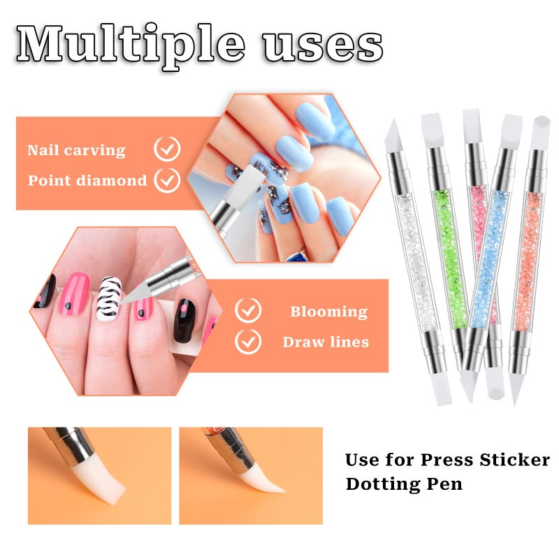 Sliverdew 5 Pcs Nail Art Sculpture Pen Dual Tipped Silicone Nail Tools Nail Art Acrylic Pen Silicone Brushes for Resin Nail Art Tools for Design Nail Foil Carving Drawing Effect Shaping Drawing - Image 3