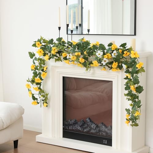 Mizii Artificial Petunias Flower Vines Garland 6 Feet Yellow Faux Morning Glory Silk Flowers Garland UV Resistant Fake Hanging Vines Plants Decorations for Outdoor Garden Indoor Home Decor (Yellow) - Image 5