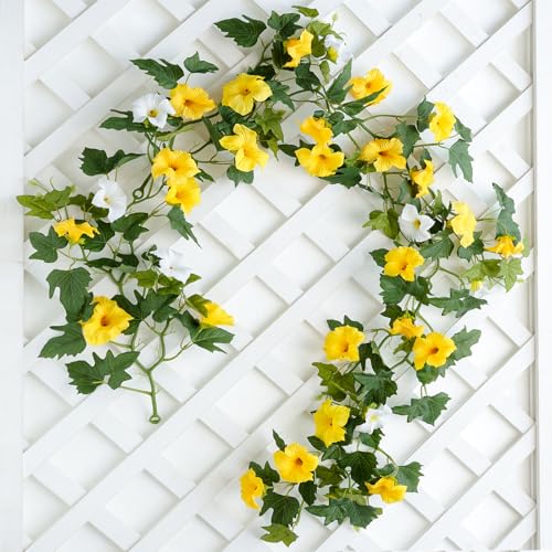 Mizii Artificial Petunias Flower Vines Garland 6 Feet Yellow Faux Morning Glory Silk Flowers Garland UV Resistant Fake Hanging Vines Plants Decorations for Outdoor Garden Indoor Home Decor (Yellow) - Image 1
